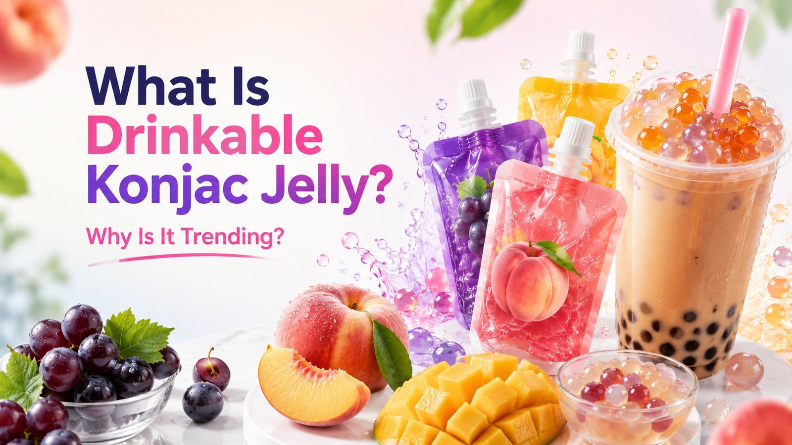 Drinkable konjac jelly pouches with bubble tea and fruit