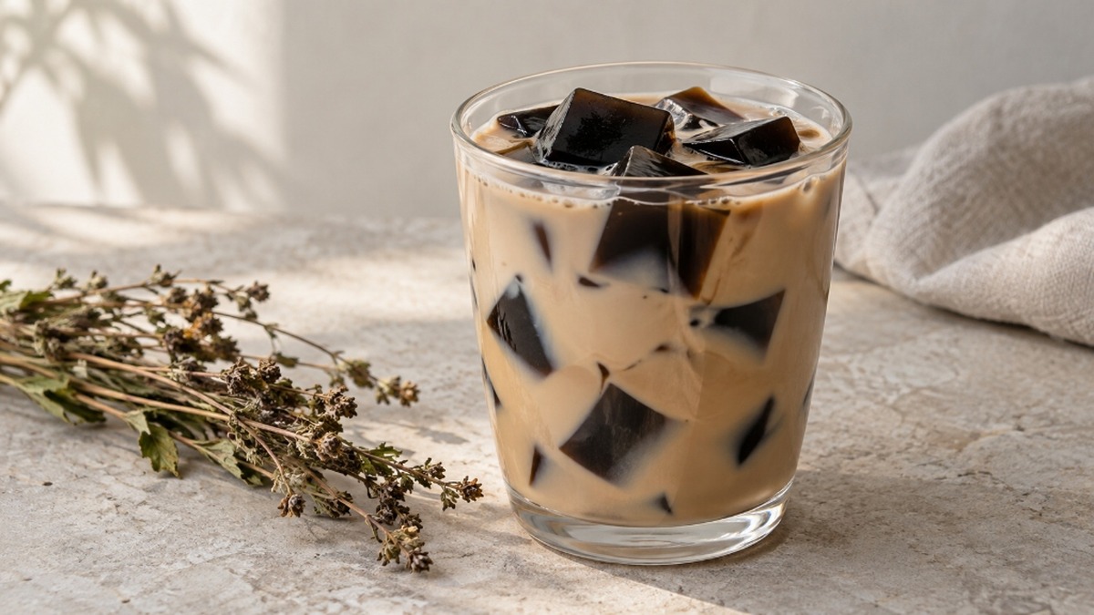 Grass jelly bubble tea with black jelly cubes and roasted oolong milk tea.