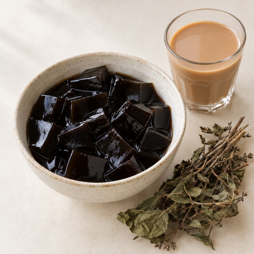 Black grass jelly cubes beside dried Chinese mesona stems