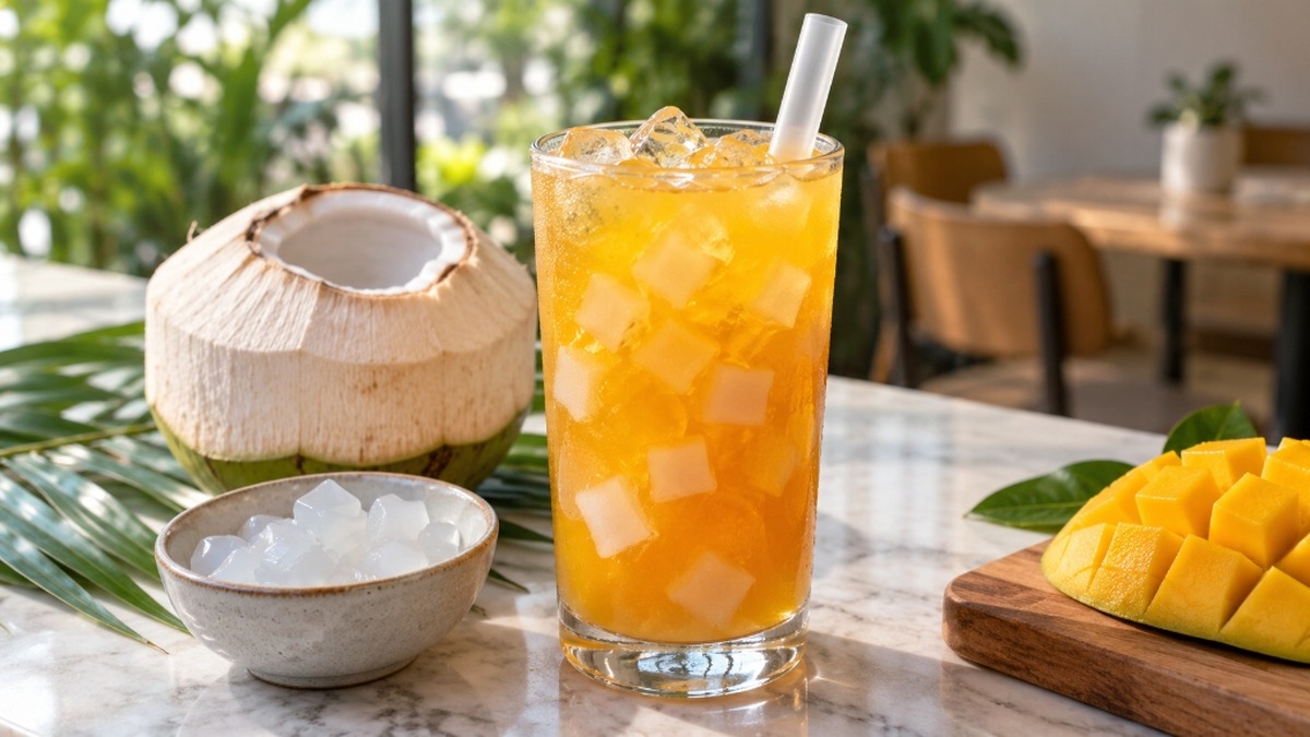Nata de coco boba in mango green tea with coconut.