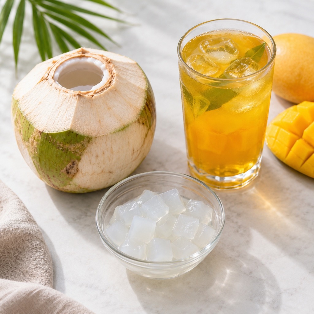 Translucent nata de coco cubes beside coconut and mango green tea.
