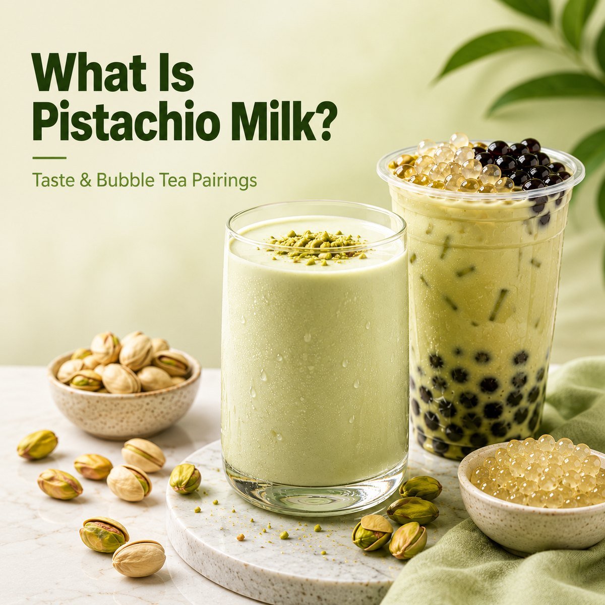 Pistachio milk and pistachio bubble tea with tapioca and crystal boba