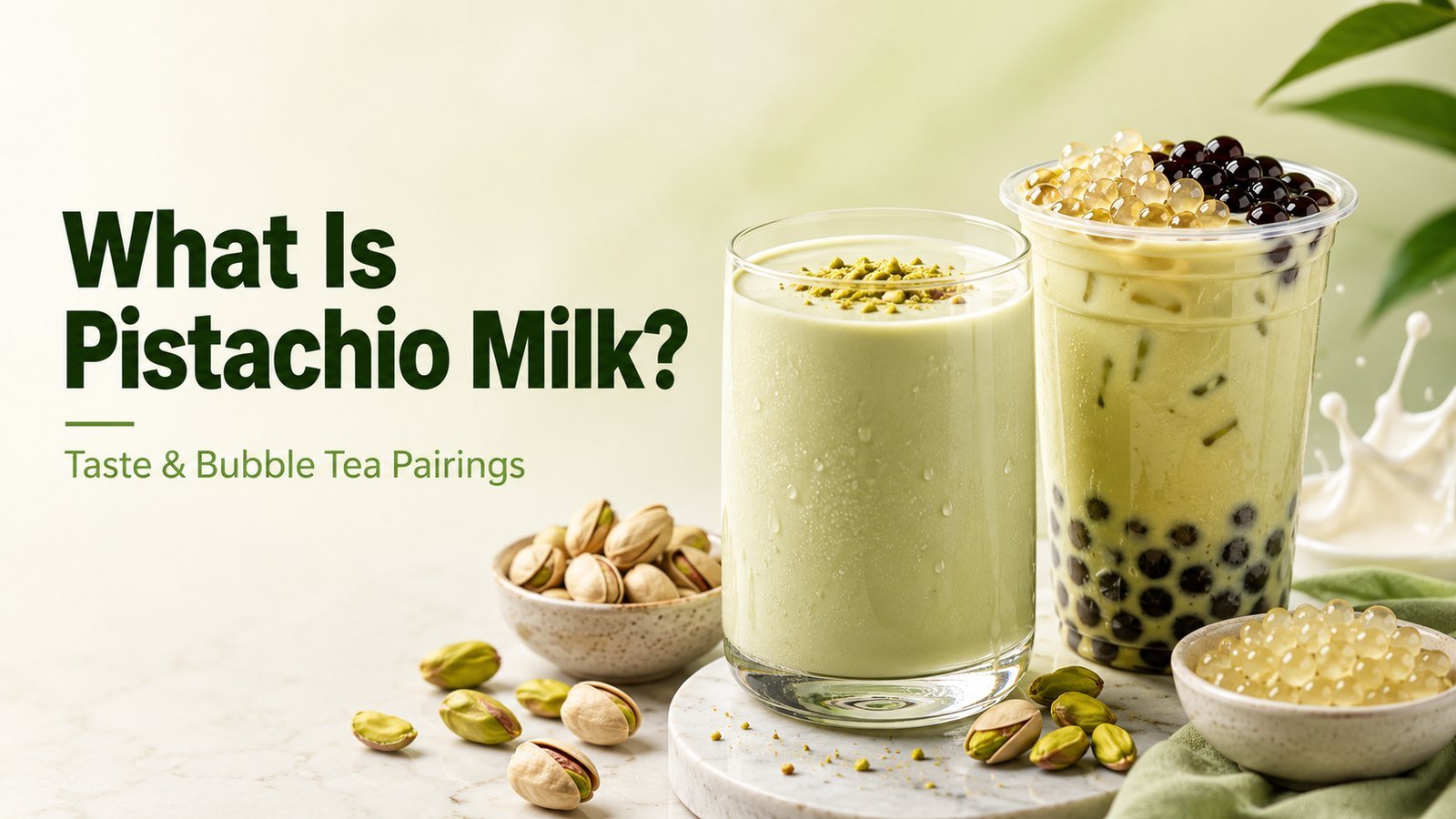 Pistachio milk bubble tea with tapioca pearls and crystal boba