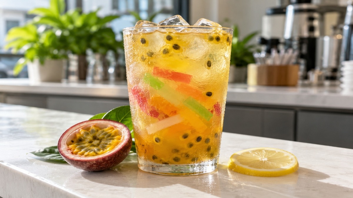 Rainbow jelly boba strips in a clear fruit tea with ice.