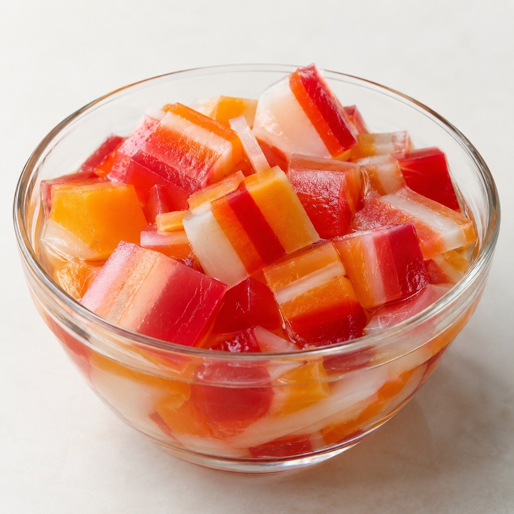 Colourful rainbow jelly boba pieces in a clear glass bowl.