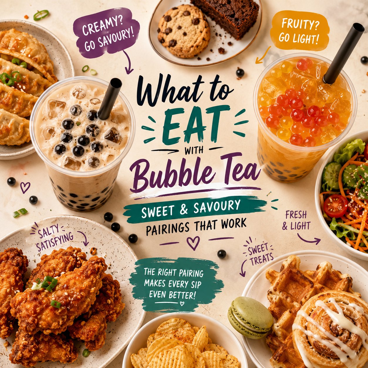 Bubble tea served with sweet and savoury food pairings.
