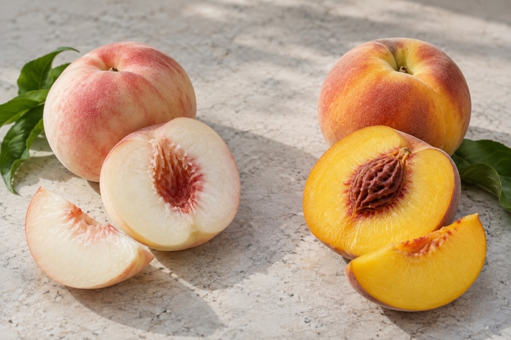 White peach and yellow peach halves shown side by side for boba recipe comparison