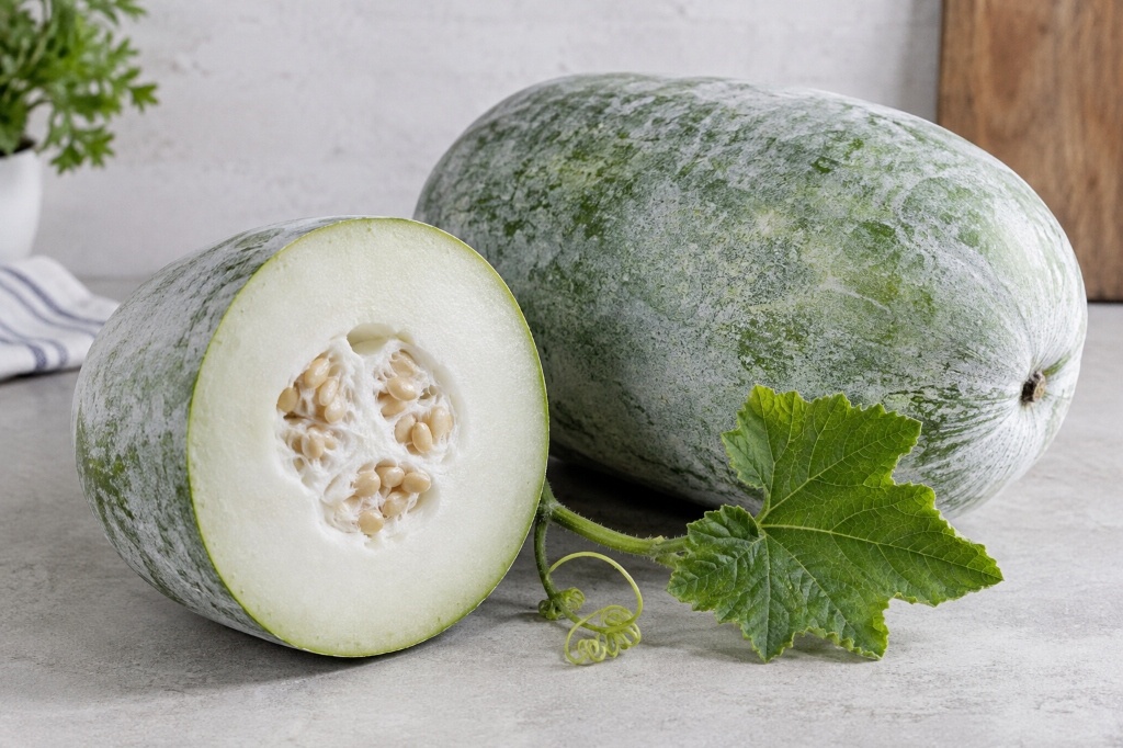 Whole and cut winter melon showing pale flesh, seeds and waxy green skin