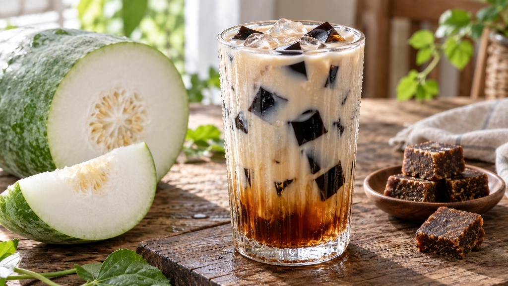 Iced wintermelon milk tea with grass jelly, wax gourd and winter melon sugar bricks