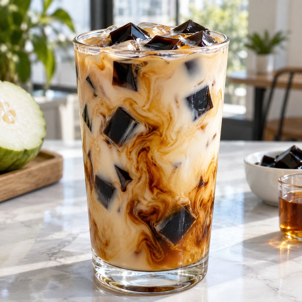 Iced wintermelon milk tea with grass jelly and amber syrup