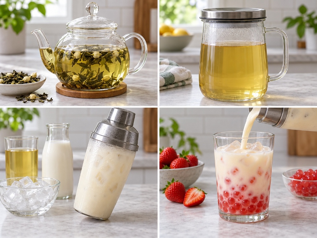 Four-panel food preparation photograph showing jasmine green tea brewing, cooling, shaking with Yakult, and pouring over popping boba