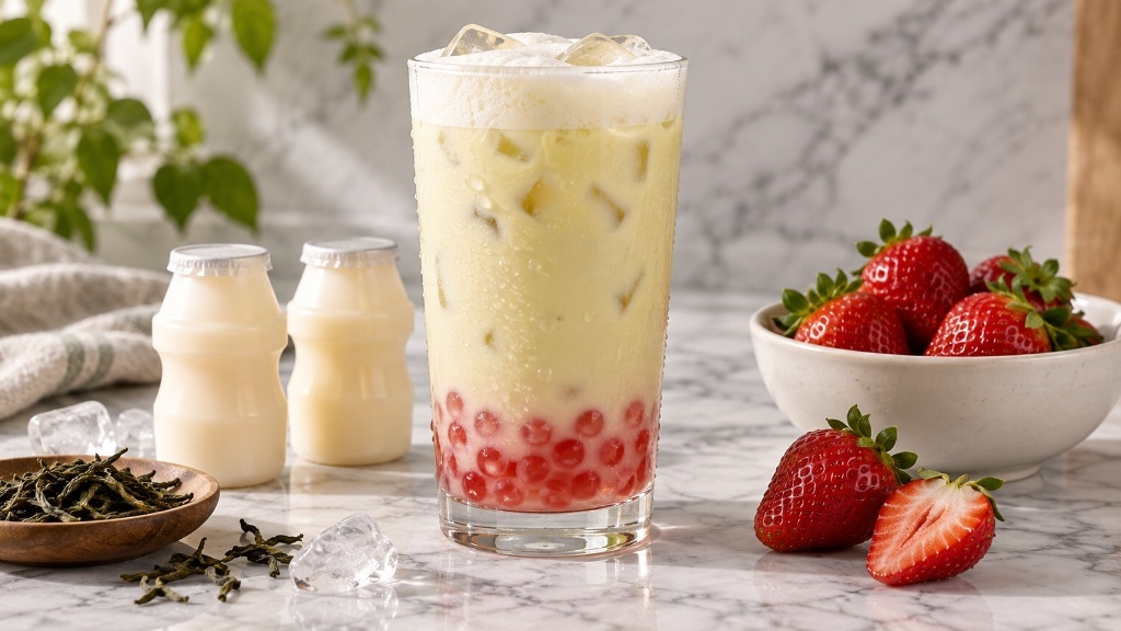 Iced yogurt green tea with strawberry popping boba and cultured milk bottles