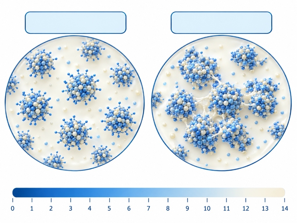 Diagram showing smooth milk proteins and acid-induced casein clumps near pH 4.6