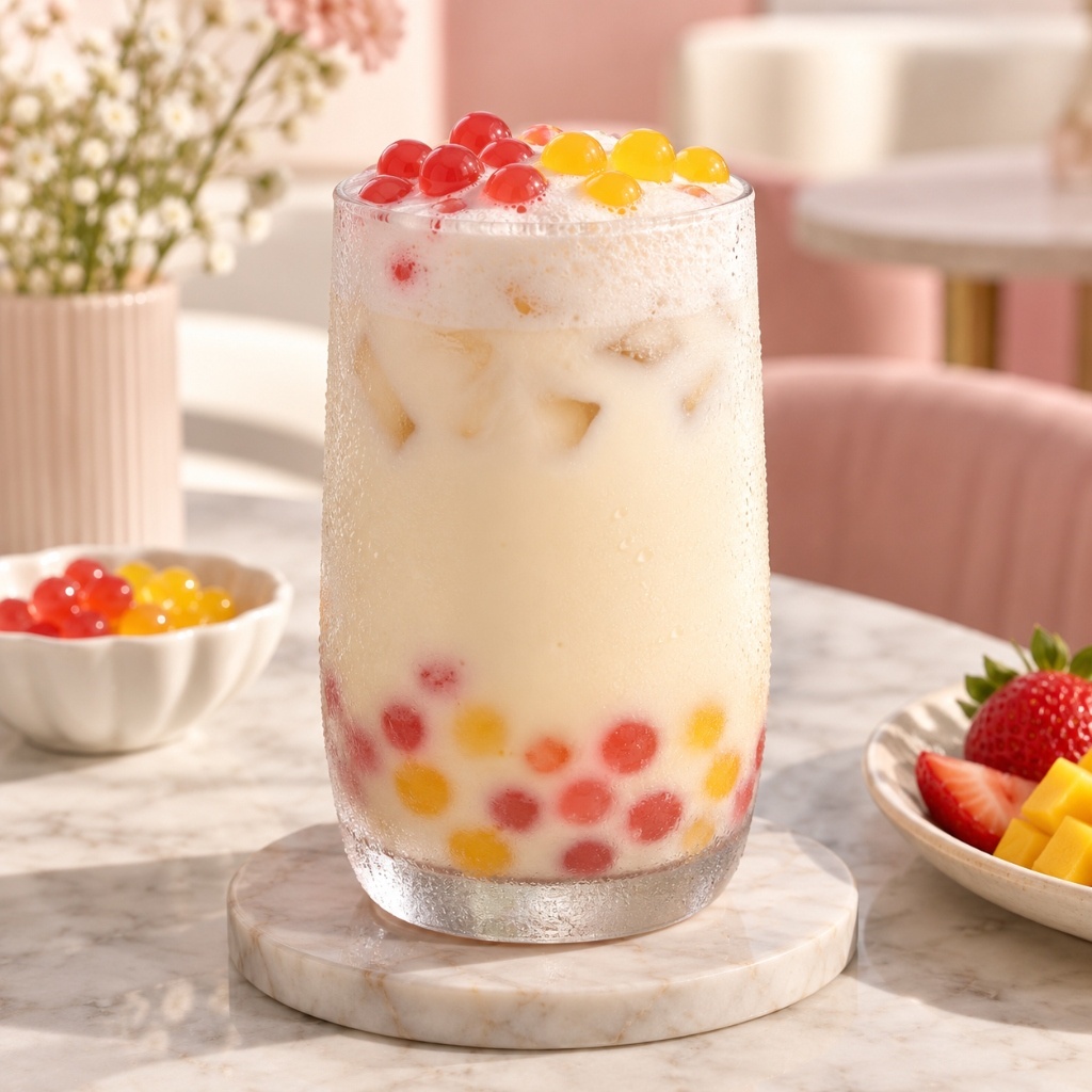 Frothy iced yogurt bubble tea with colorful fruit popping pearls