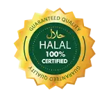Golden Halal 100% Certified badge indicating guaranteed quality and compliance with halal standards.