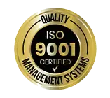 Gold ISO 9001 Certified badge representing quality management system certification.