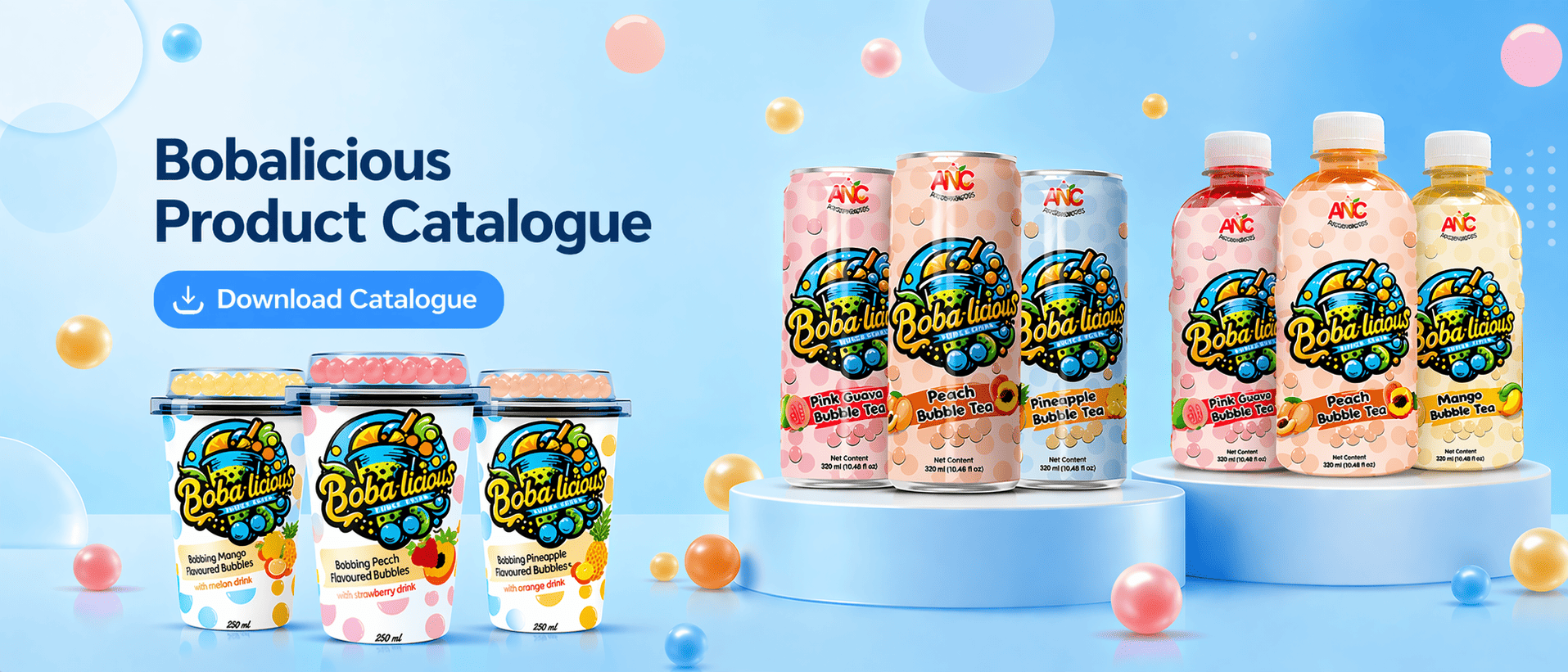 Bobalicious product catalogue for ready-to-drink bubble tea cups cans and bottles