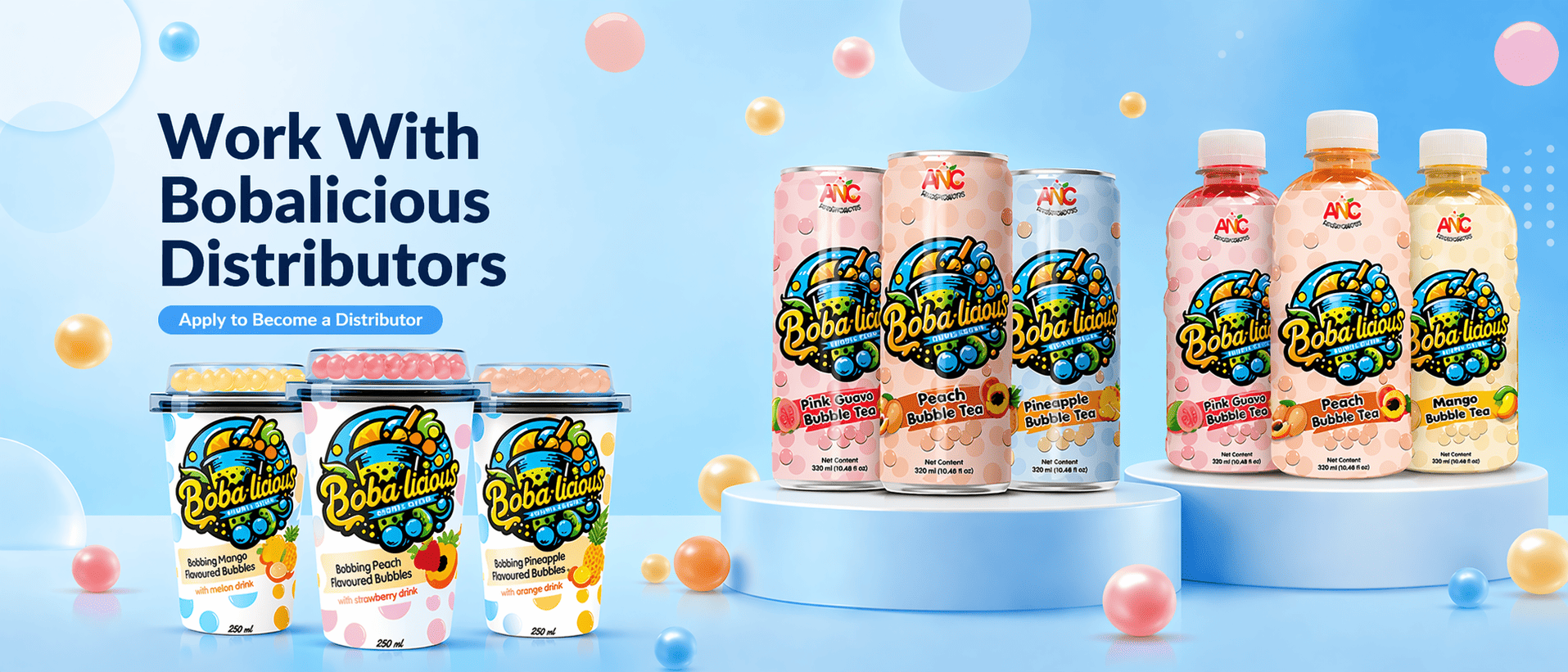 Bobalicious bubble tea products prepared for beverage distributors and retail partners