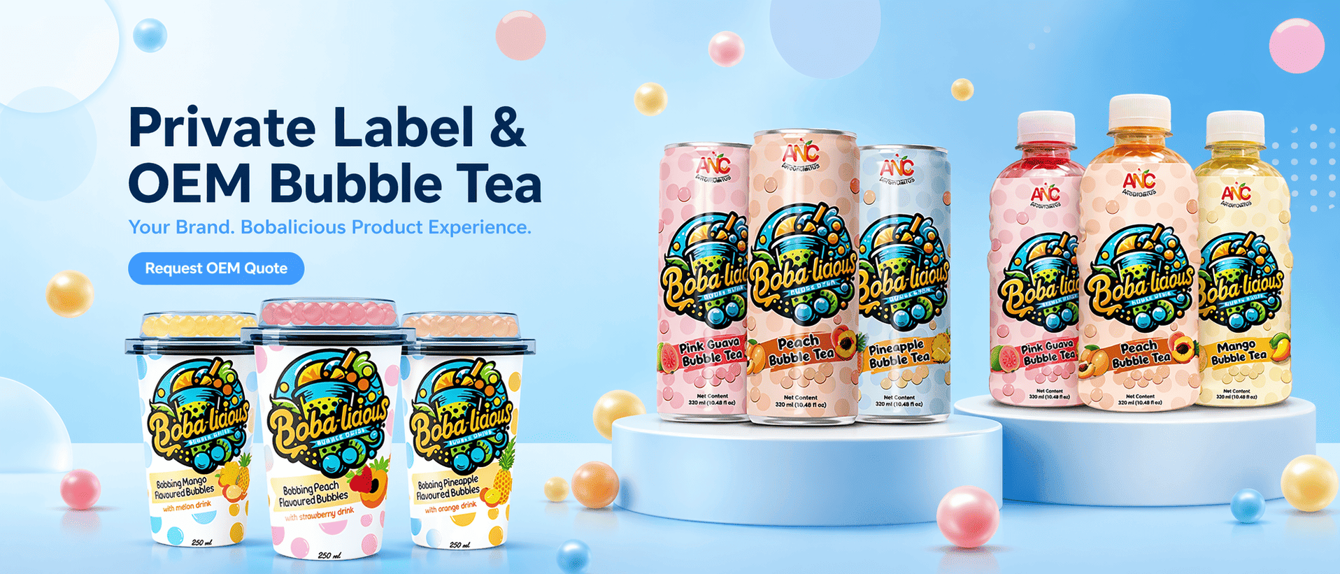 Private label bubble tea packaging options for cups cans and PET bottles