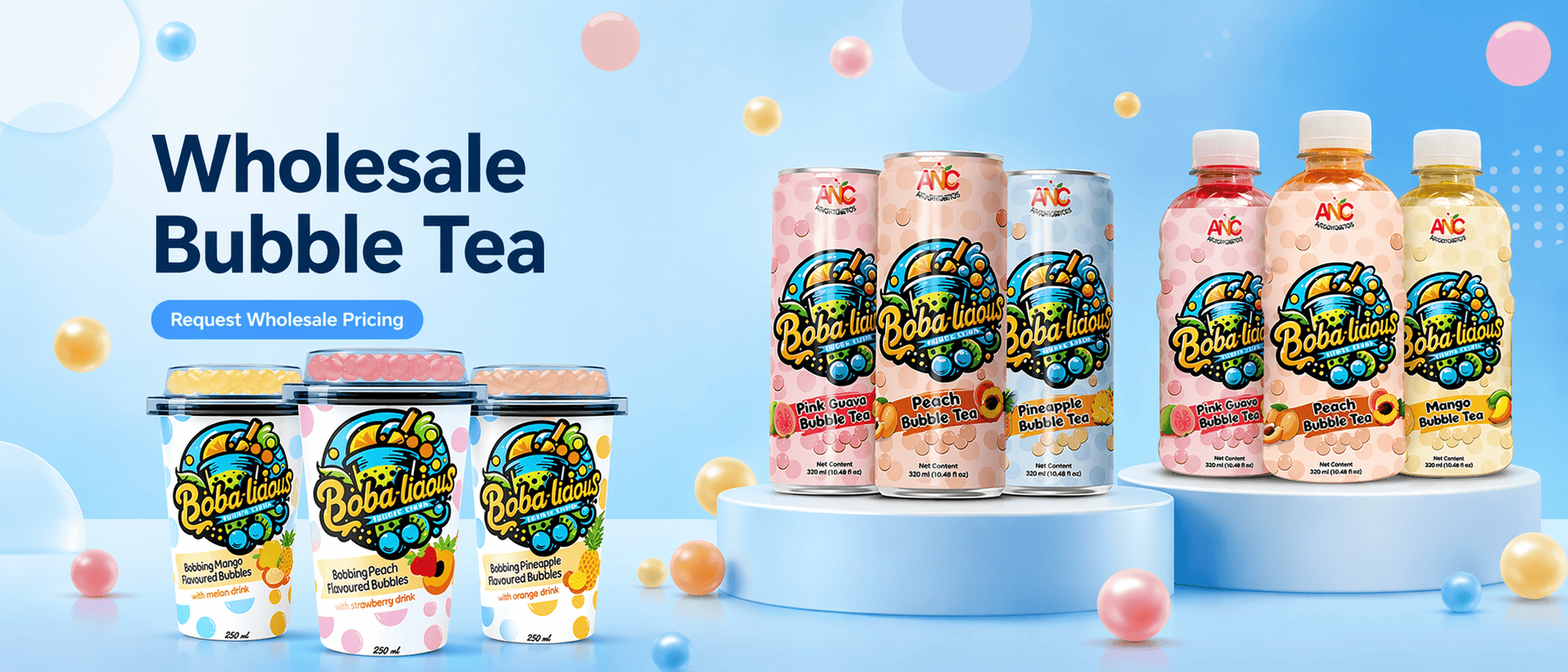Bobalicious bubble tea cups slim cans and PET bottles for wholesale buyers
