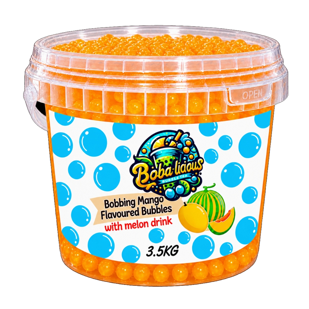 Bobalicious Mango and Melon popping boba in 3.5kg bulk bucket for bubble tea cafes