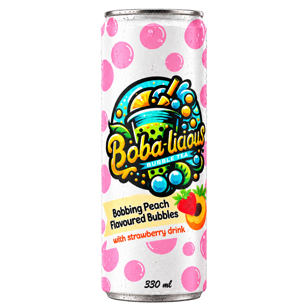 Bobalicious Peach and Strawberry Bubble Tea 330ml Can with popping boba