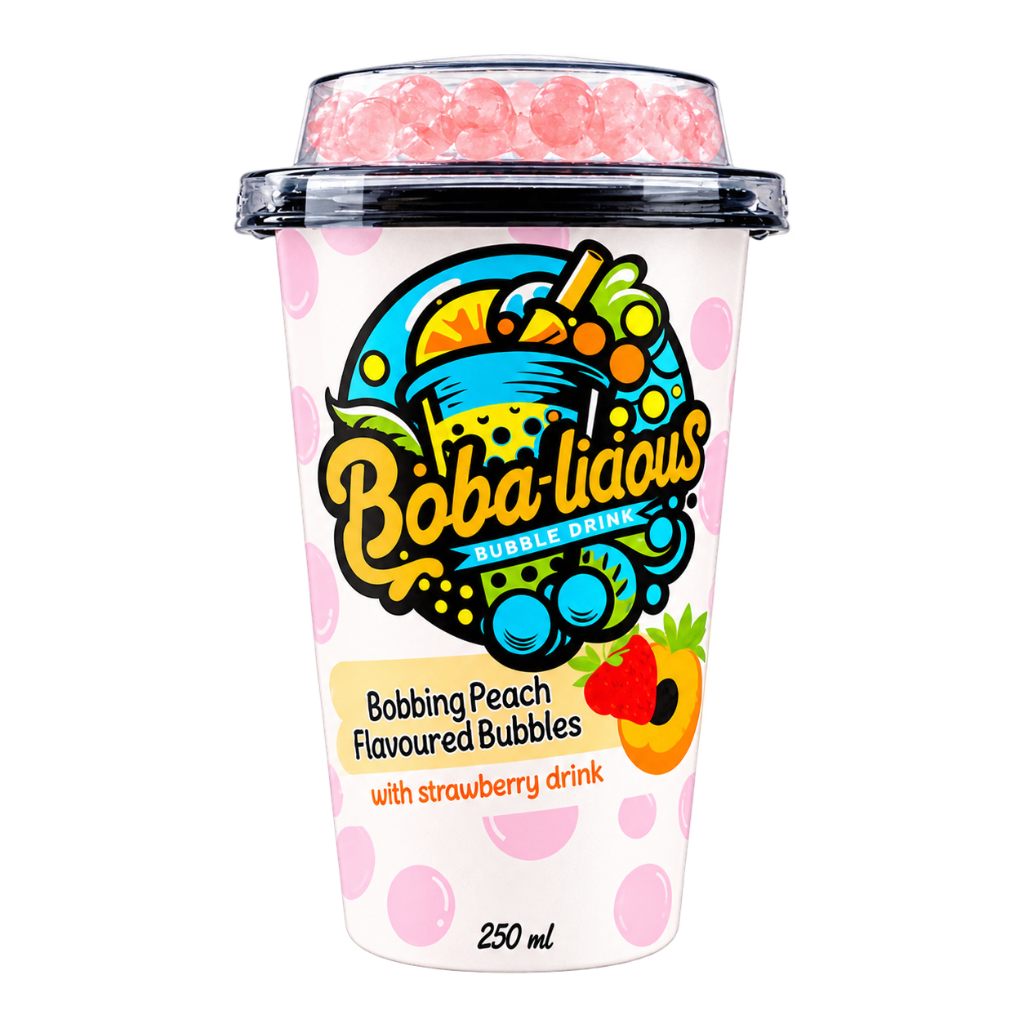 Bobalicious Peach and Strawberry popping boba in 250ml cup