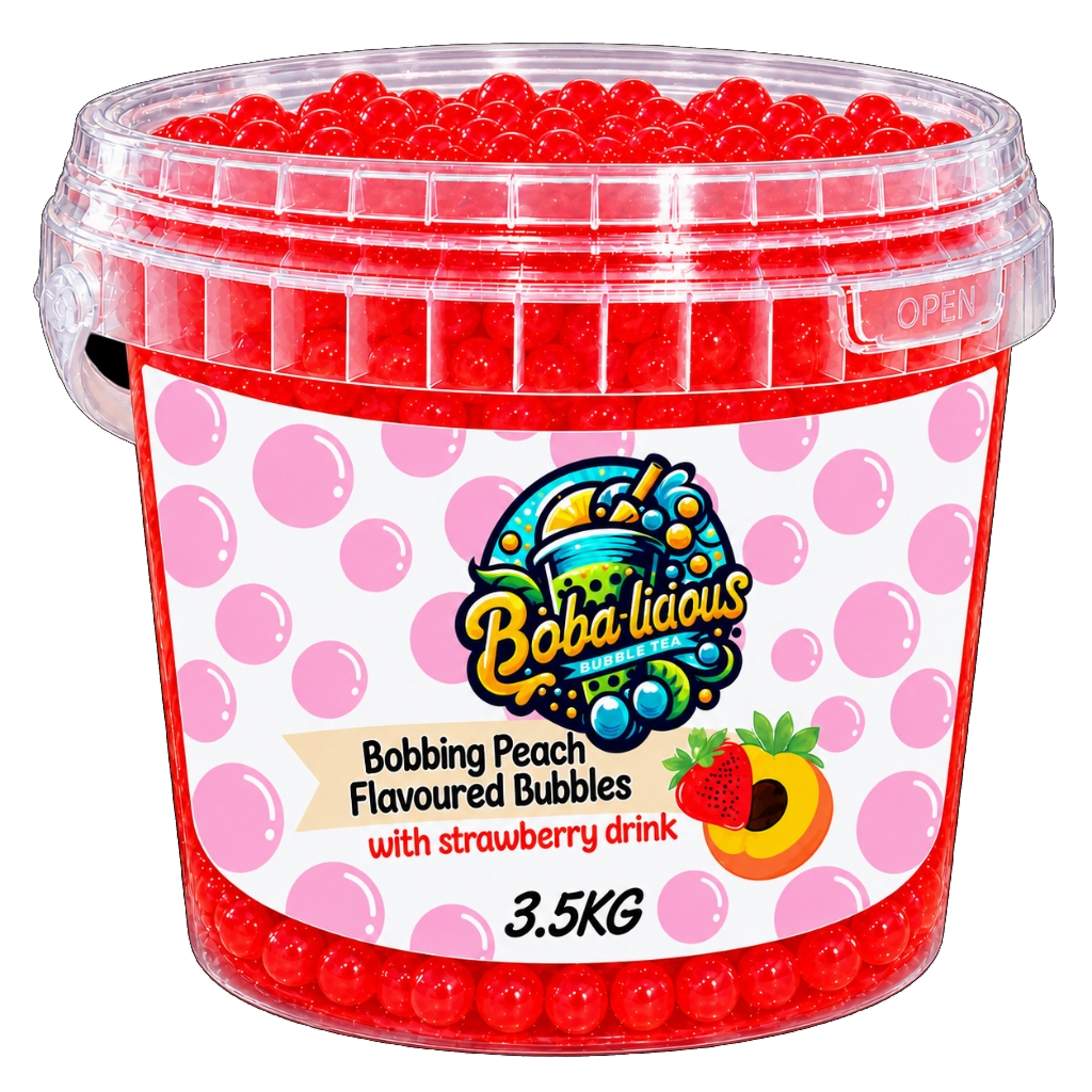 Bobalicious Peach and Strawberry popping boba in 3.5kg bulk bucket for bubble tea cafes
