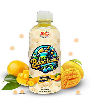 Mango bubble tea in bottle with yellow beverage and fruit imagery Popup Image