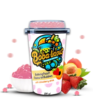 Peach popping boba in 250ml cup with strawberry syrup Popup Image