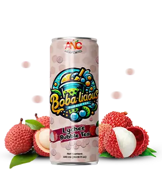 Lychee bubble tea in 330ml can with pink fruit design Popup Image