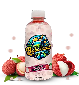 Lychee bubble tea in bottle with light pink beverage and fruit Popup Image