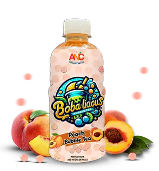 Peach bubble tea in bottle with orange beverage and fresh peaches Popup Image