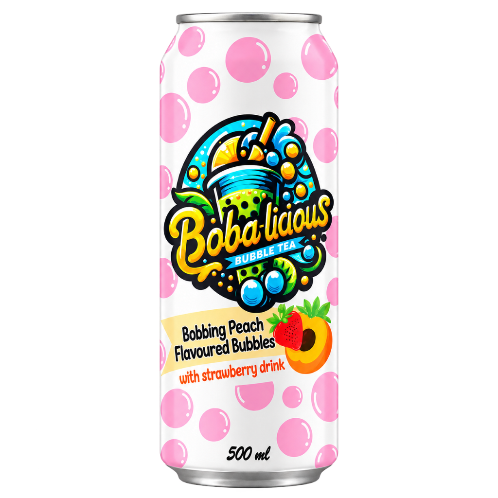 Bobalicious Peach and Strawberry Bubble Tea 500ml Can with popping boba