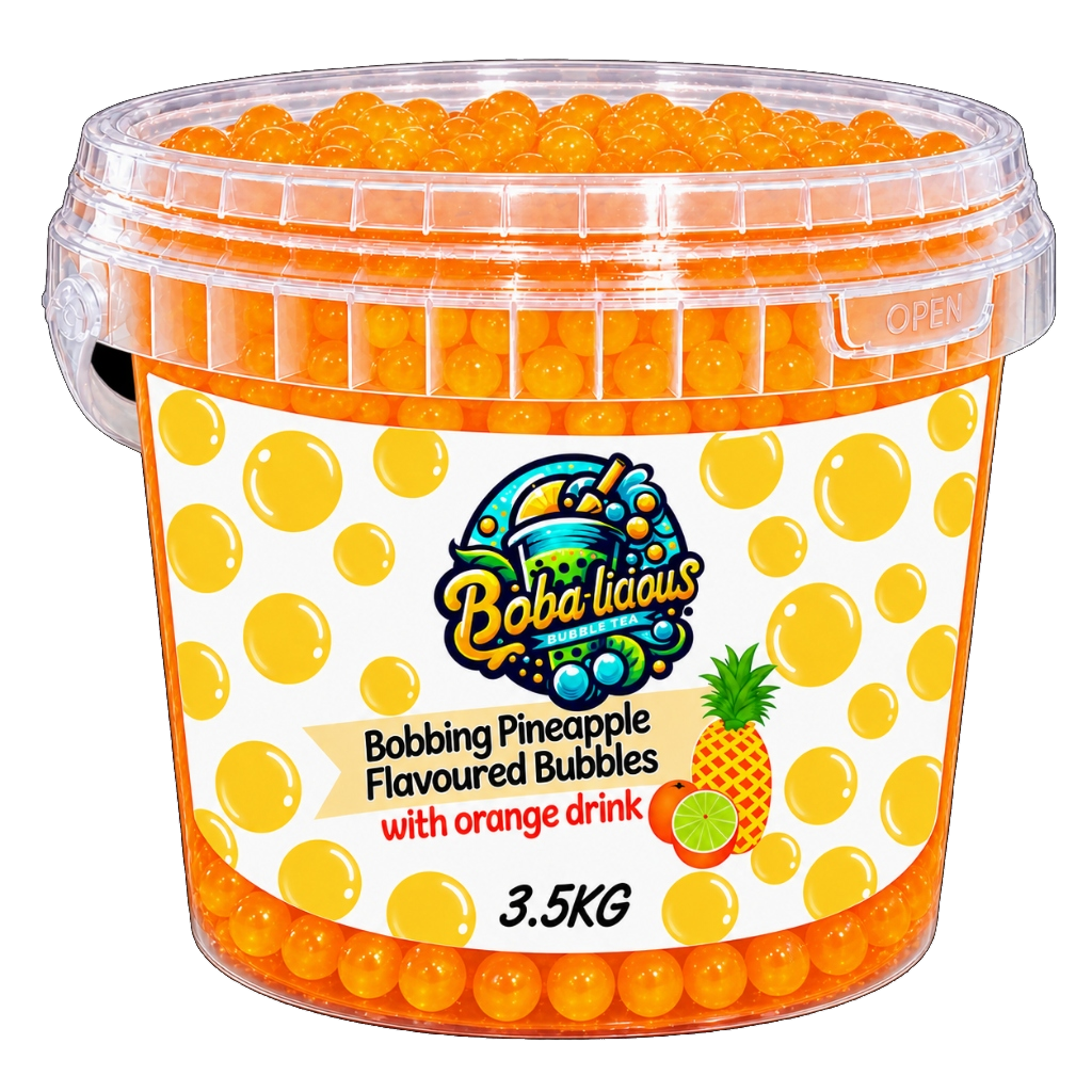 Bobalicious Pineapple and Orange popping boba in 3.5kg bulk bucket for bubble tea cafes