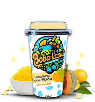 Bobalicious Mango Bubble Tea with melon and mango flavor, surrounded by juicy mango pieces and popping bubbles.