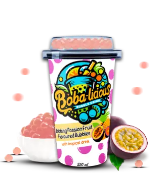 Bobalicious Passion Fruit Bubble Tea with tropical fruits, passion fruit flavor, and pink popping bubbles for a refreshing taste.