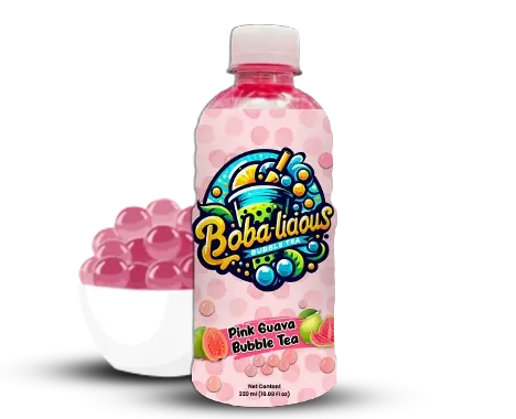 Bottle of pink bubble tea with guava flavour bubbles for a refreshing tropical taste.