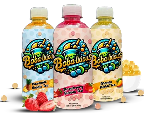 A collection of pineapple, strawberry, and mango bubble tea bottles showcase vibrant flavours.