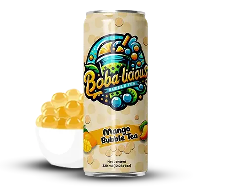 Can of mango bubble tea with mango bubbles, highlighting a sweet and fruity experience.