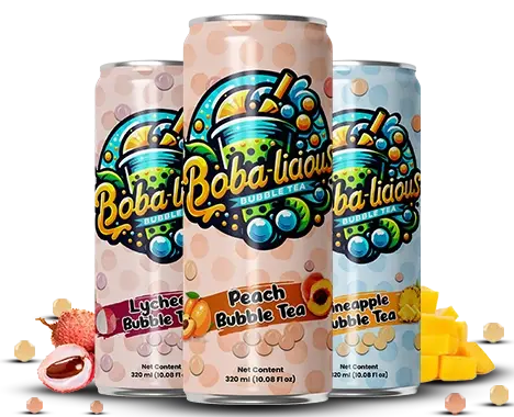 Set of lychee, peach, and pineapple bubble tea cans featuring exotic and fruity flavours.