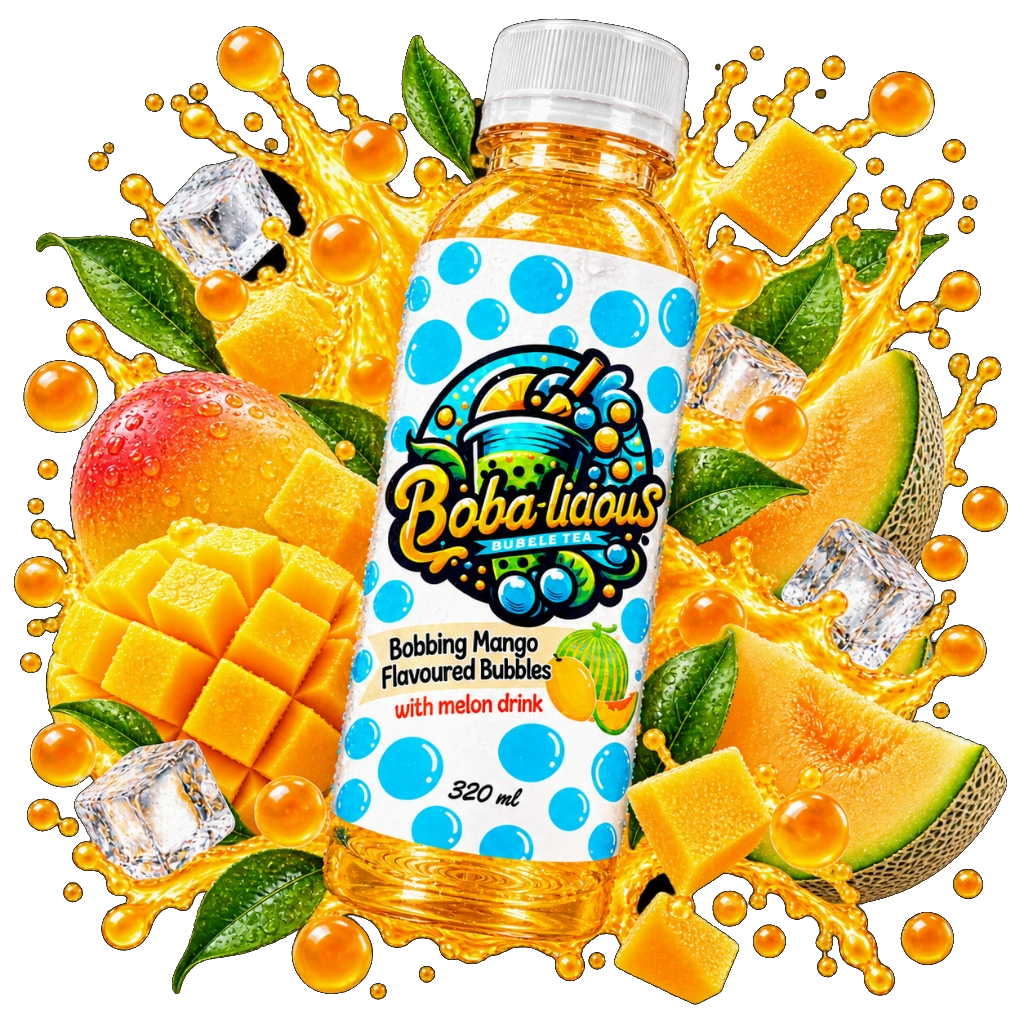 Bobalicious 320ml PET bubble tea bottles in vibrant dual-fruit flavours with fresh fruit
