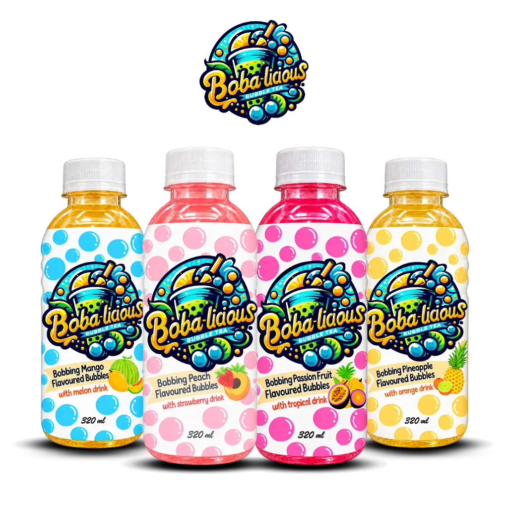 Three 320 ml Bobalicious bubble tea bottles in dual-fruit flavors with popping boba