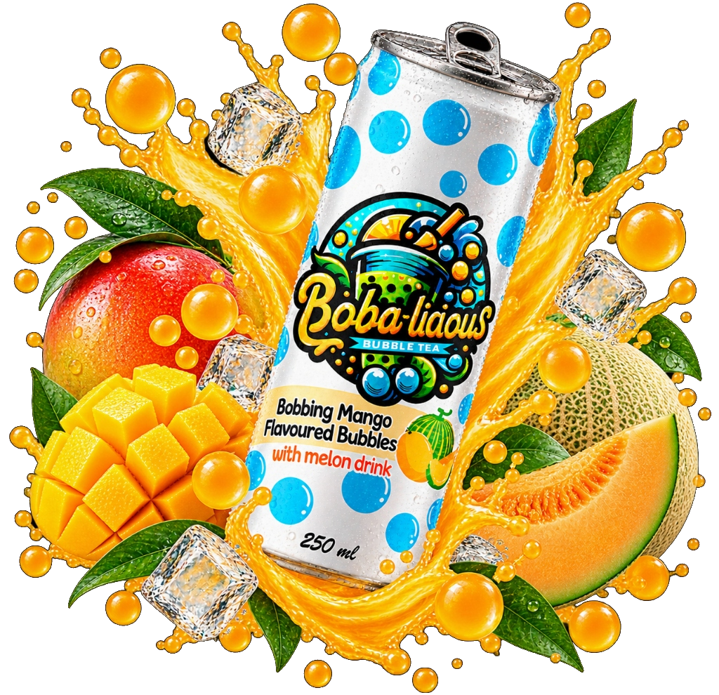 Bobalicious 250ml bubble tea cans in dual-fruit flavors with popping boba and tropical fruits