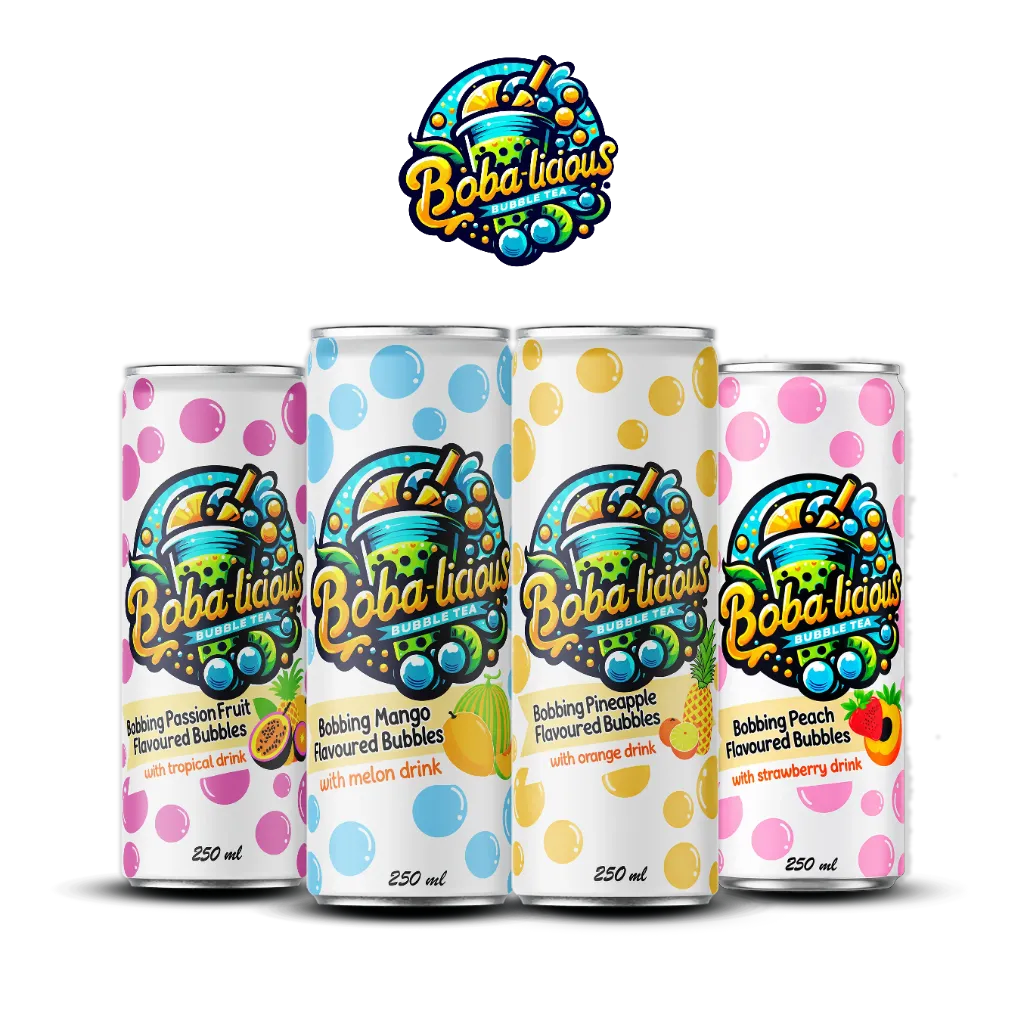 Trio of 320ml Bobalicious bubble tea cans in Mango Melon, Peach Strawberry and Pineapple Orange