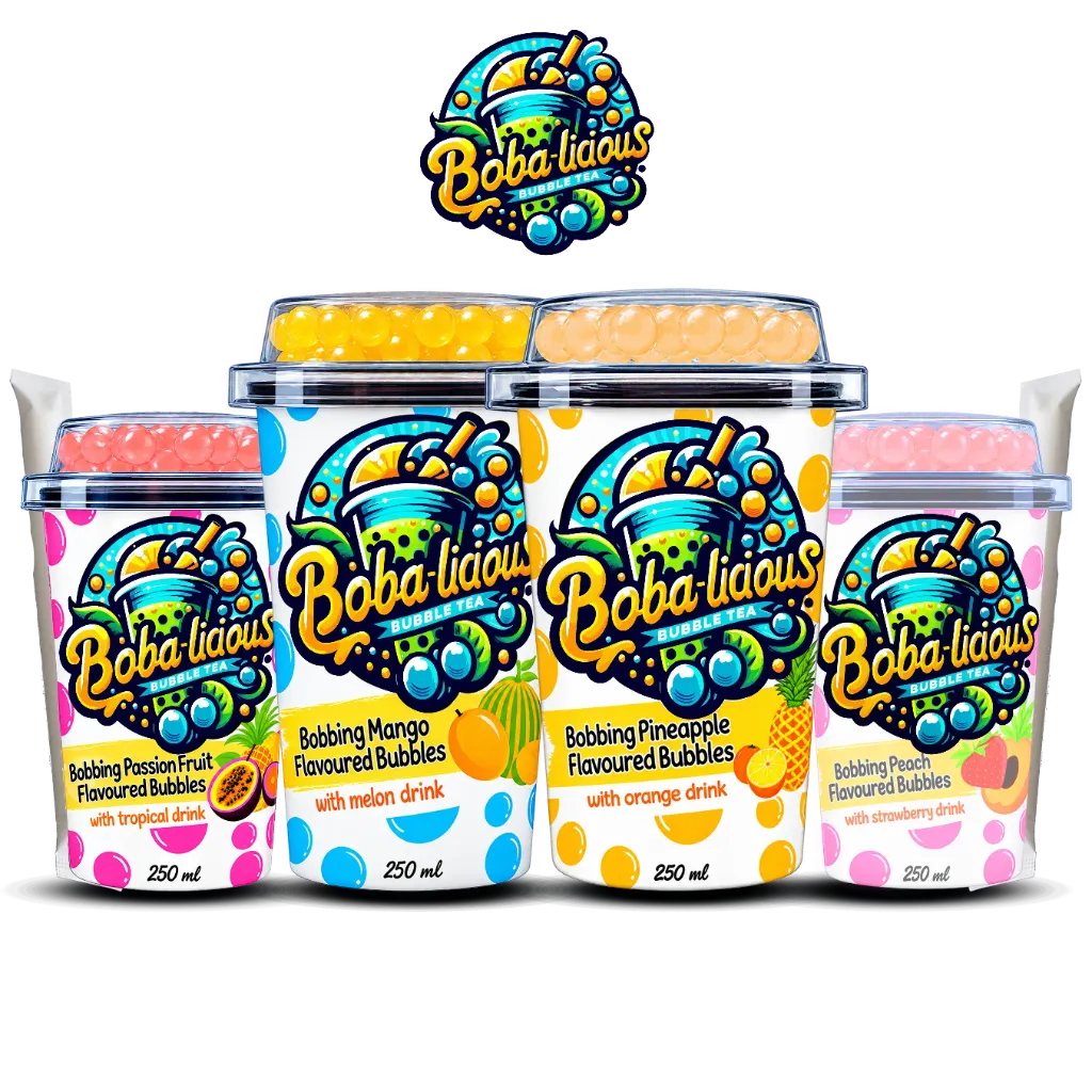 Trio of 250ml Bobalicious bubble tea in Mango Melon, Peach Strawberry, and Pineapple Orange flavors.