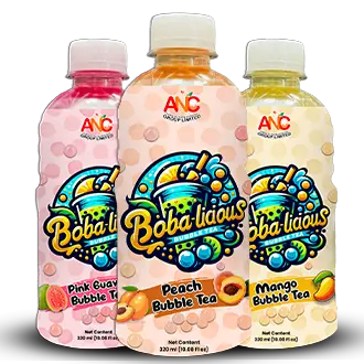 320ml Bobalicious Bubble Tea bottles in Pink Guava, Peach, and Mango.