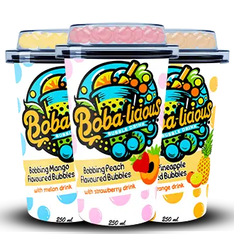 Trio of 250ml Bobalicious bubble teas in Mango Melon, Peach Strawberry, and Pineapple Orange flavours.
