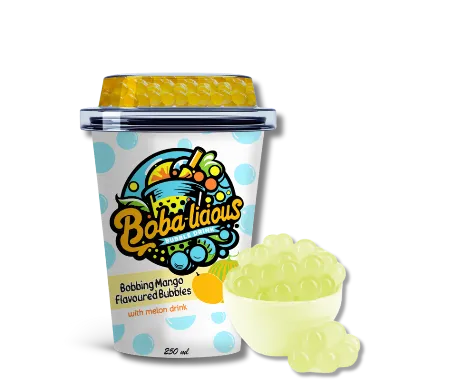 Bobalicious mango flavored bubbles with melon drink in a cup.