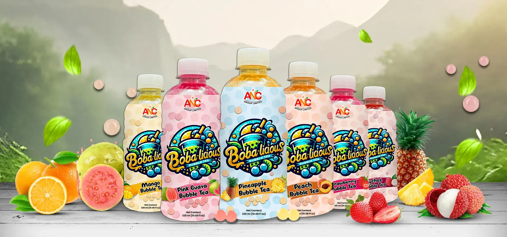 Bobalicious Bubble Tea bottles in six fruity flavours, styled with vibrant ingredients and natural mountain backdrop.